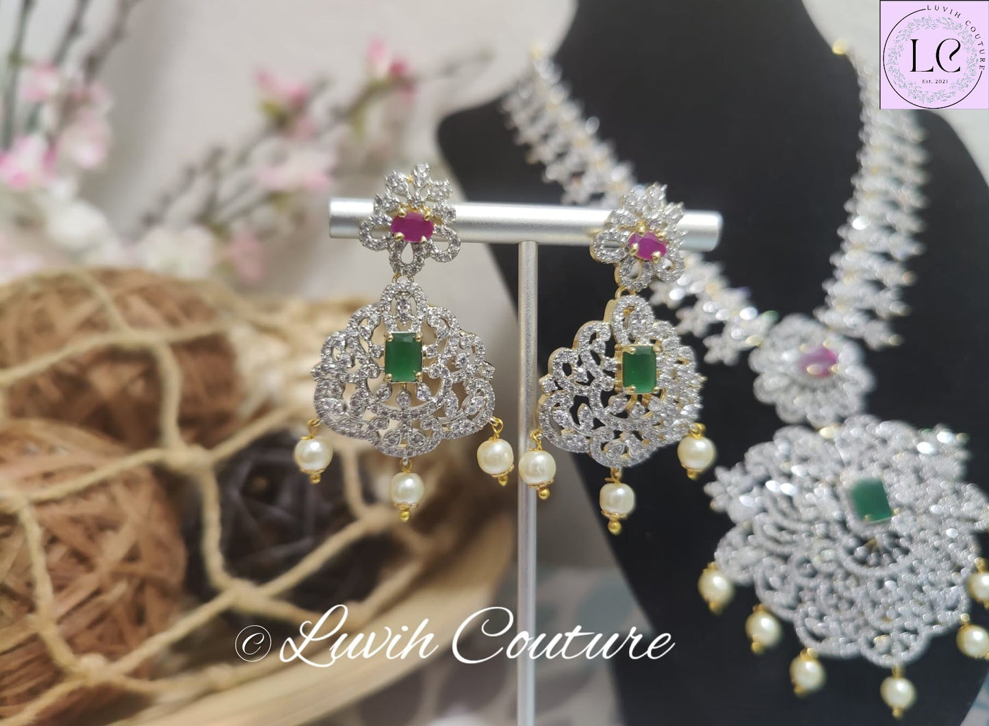 Floral and Vine Cz Necklace Earrings for kids and women Luvih Couture