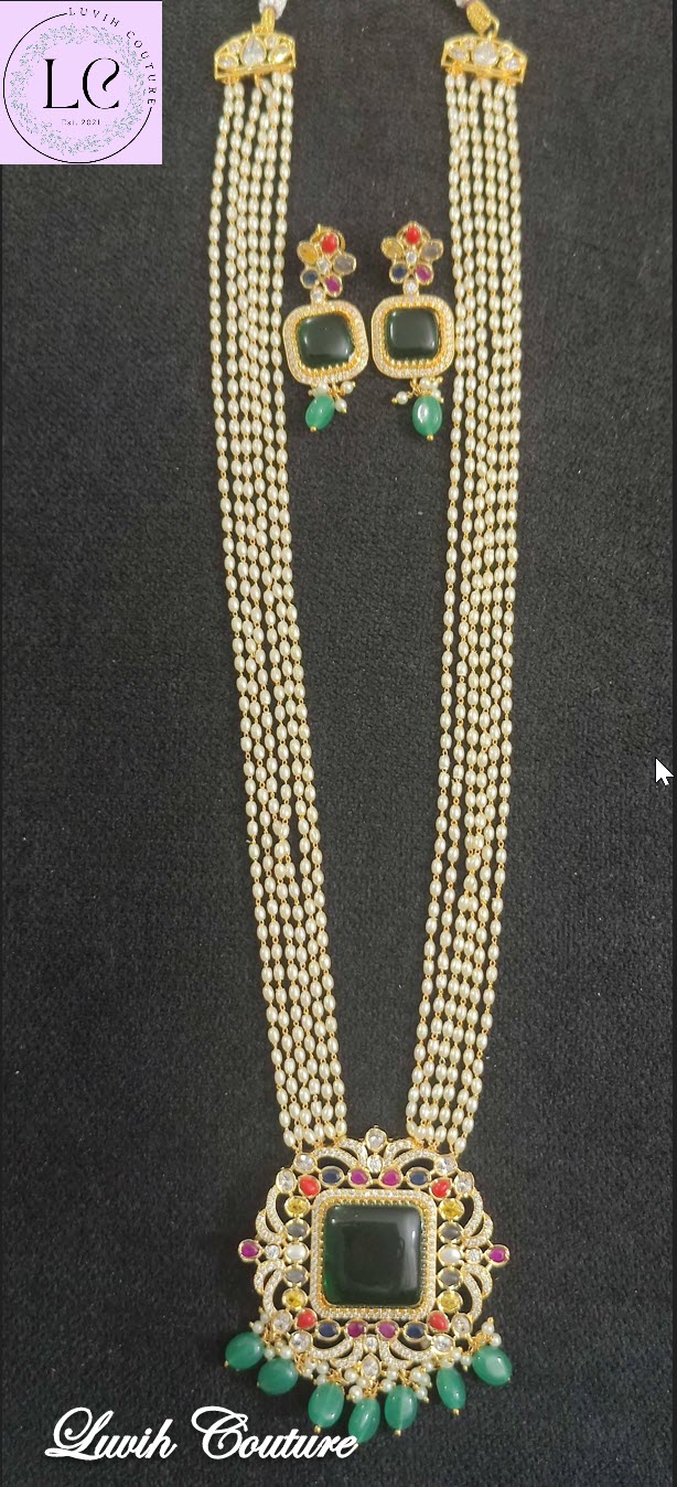 Navaratan with rice pearls long mala / necklace, Luvih Couture