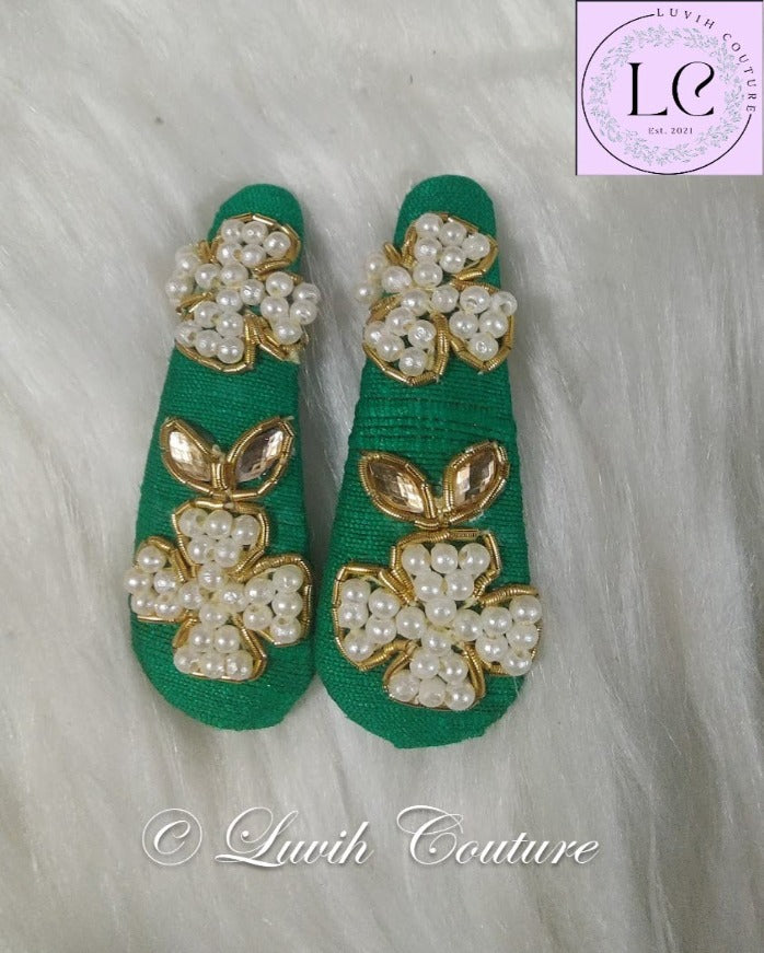 Dark Green Flower Maggam Hair Clips or Raw Silk Hair Clips for Babies, toddlers, girls, Teens, Women Luvih Couture