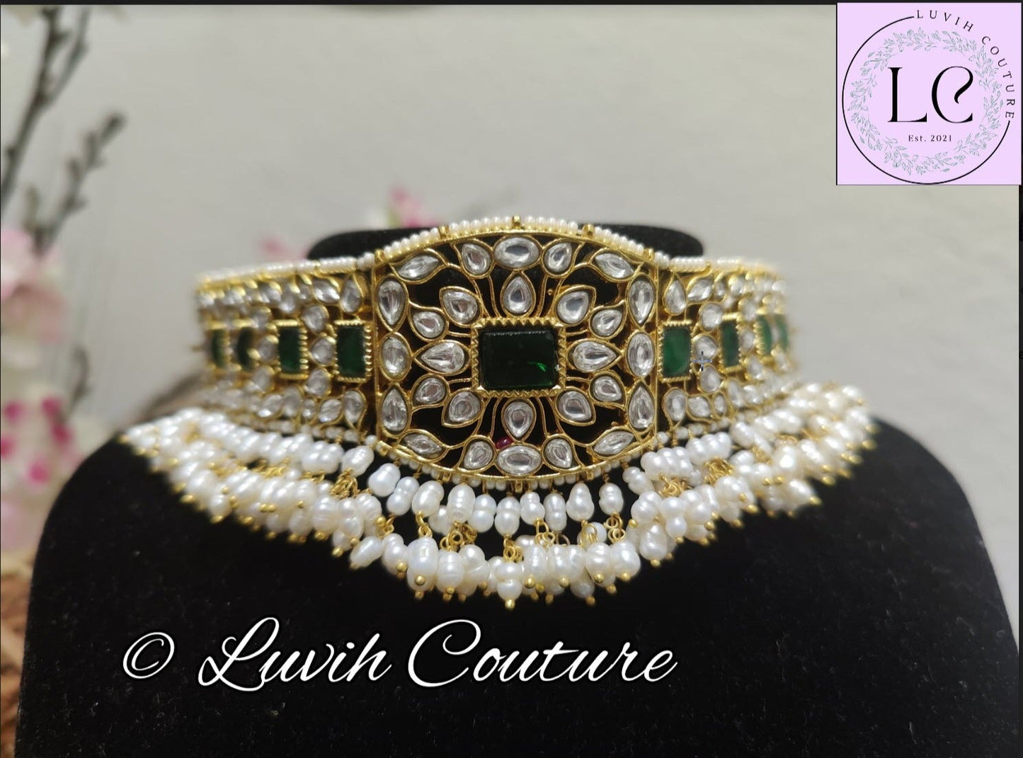 Jadau kundan grand choker necklace Green color, Luvih Couture