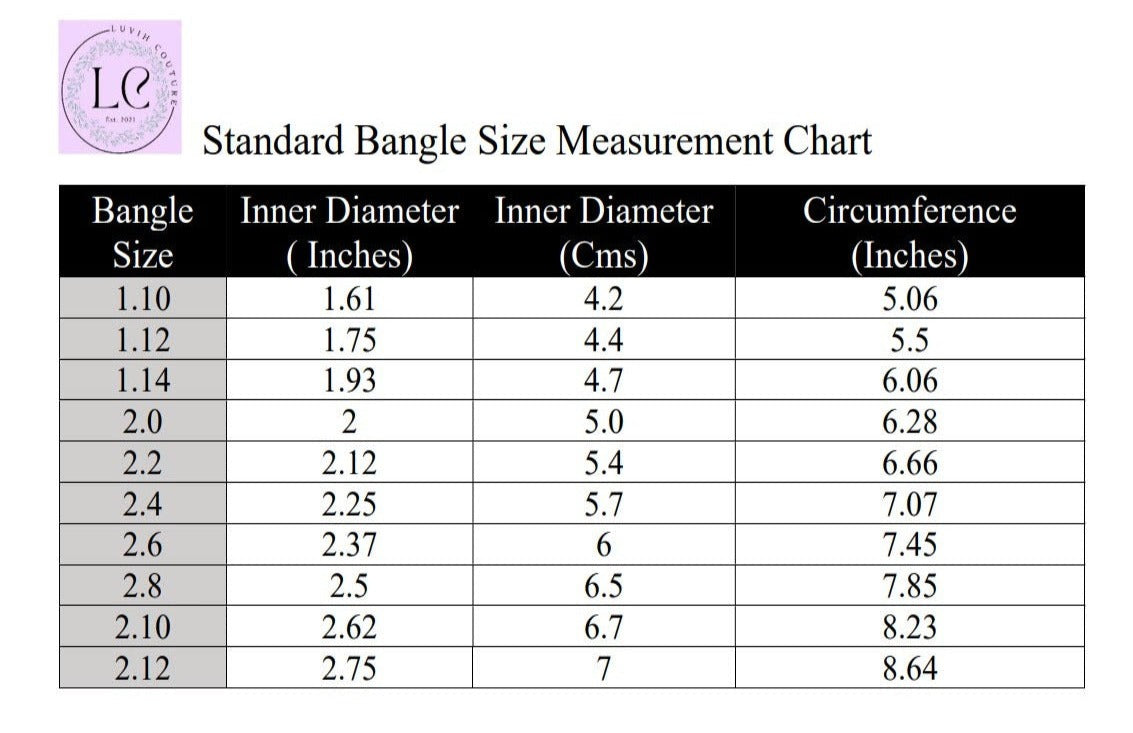 Luvih Couture Bangle measurement chart, Luvih Couture