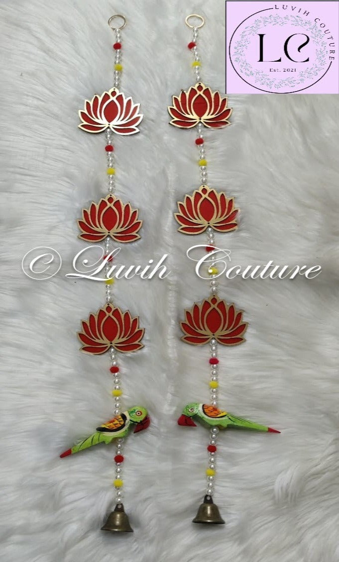 Red Lotus Wall Hangings with Parrots Set of 2 Festive decor wall hangings or Puja room decoration back drop or Wedding Decoration, Luvih Couture
