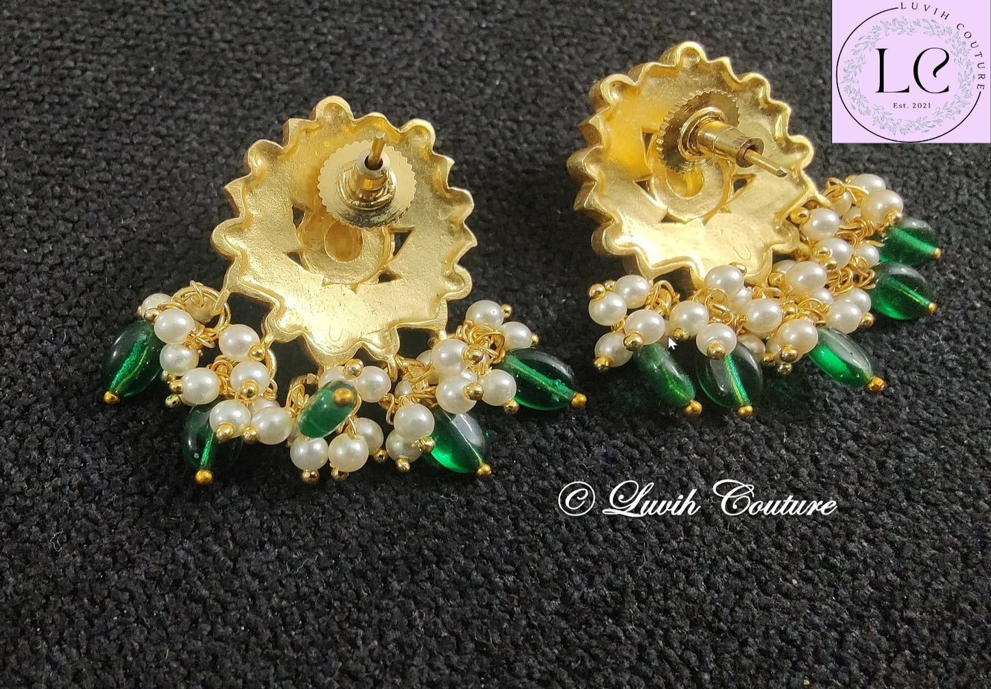 Jadau kundan Navaratan Pendant Lotus earrings back side , Luvih Couture