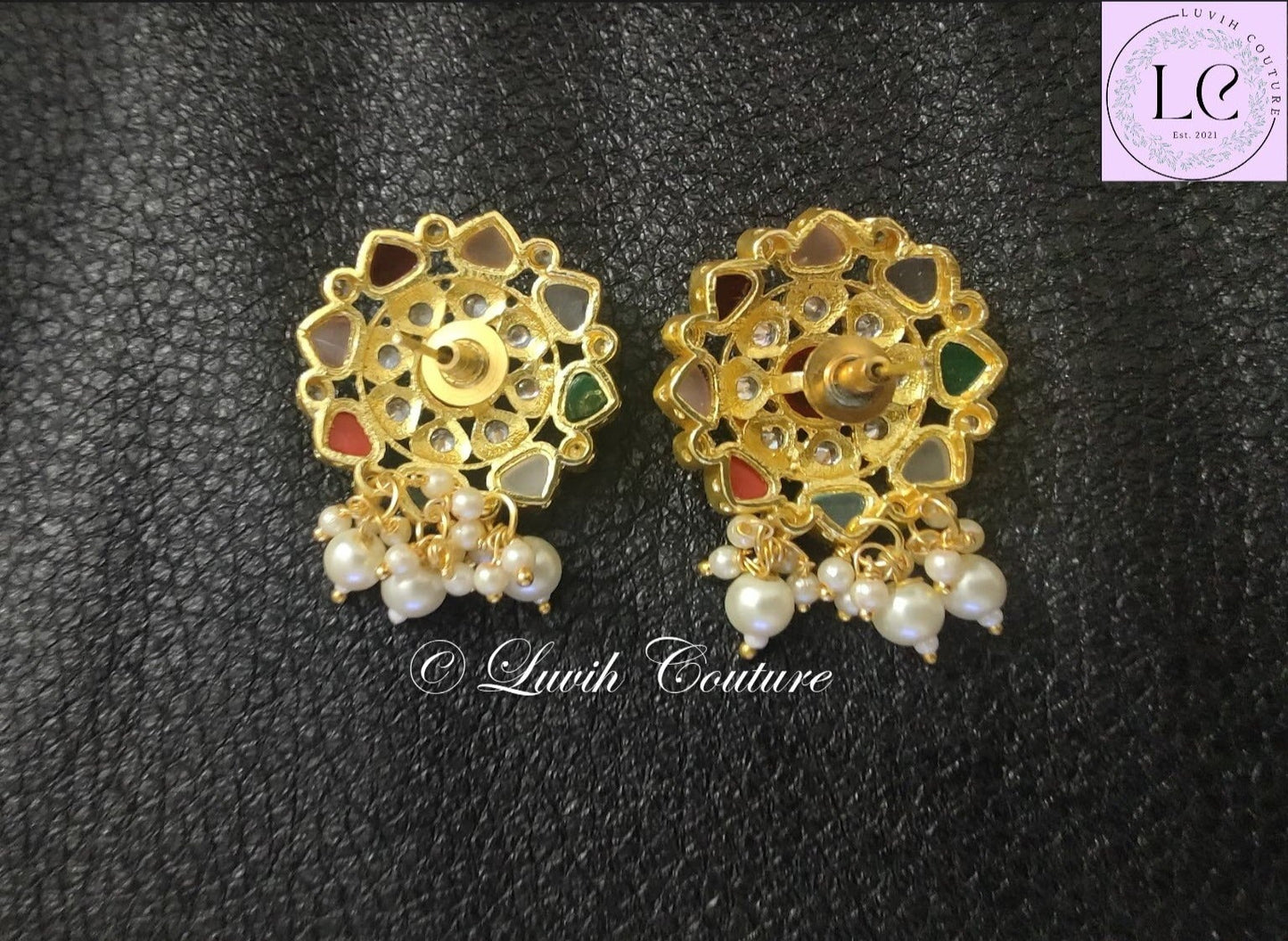 Navaratan Earrings Back Side, Imitation Jewelry, Jewelry, Imitation Earrings, Women's Earrings, Luvih Couture
