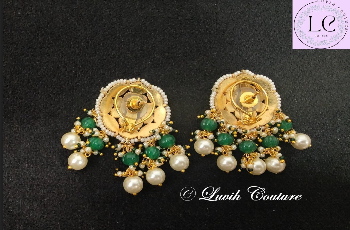 Pachi kundan Navaratan earrings back side, Luvih Couture