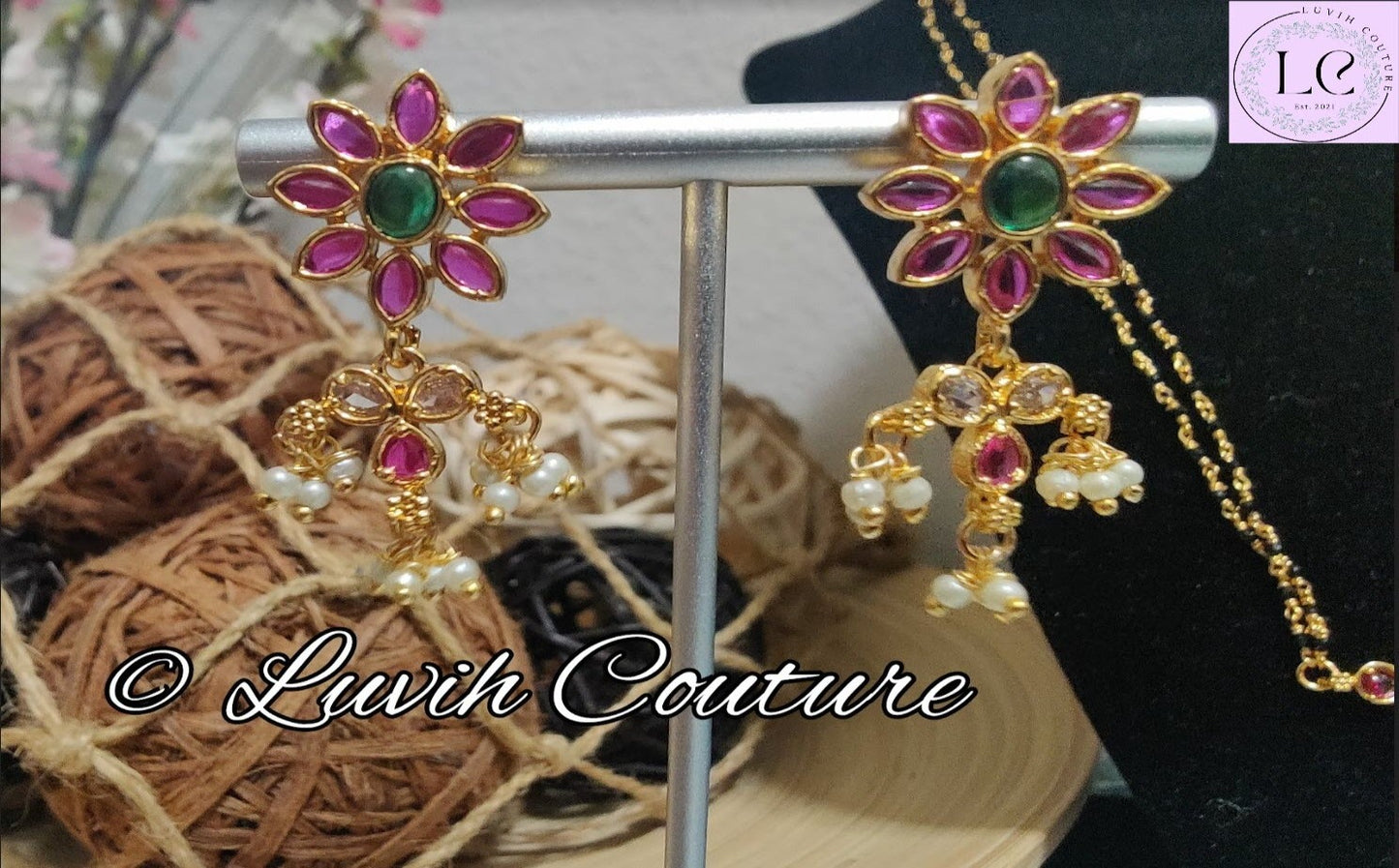 Cz Ruby Earrings Black beads / Managalasutra, Luvih Couture