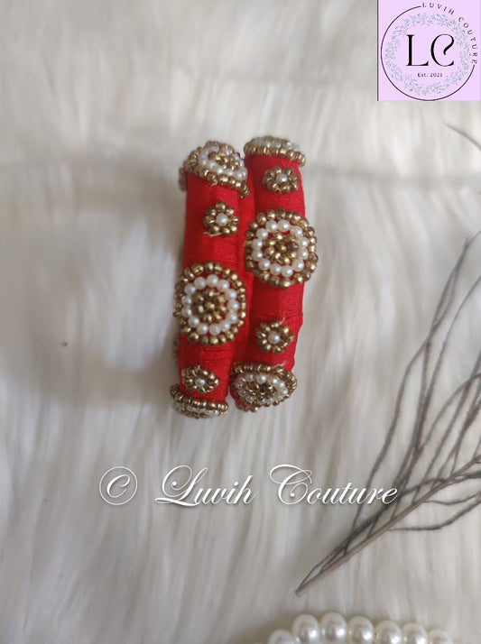 Apple Red Maggam Bangles or Raw Silk Bangles 2.2 for girls, Teens