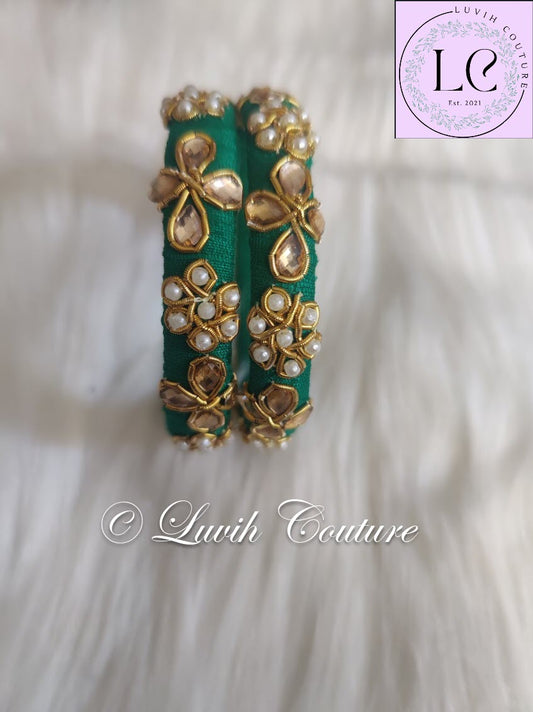 Dark Green Maggam Work Bangles or Raw Silk Bangles 2.2 for girls, Teens