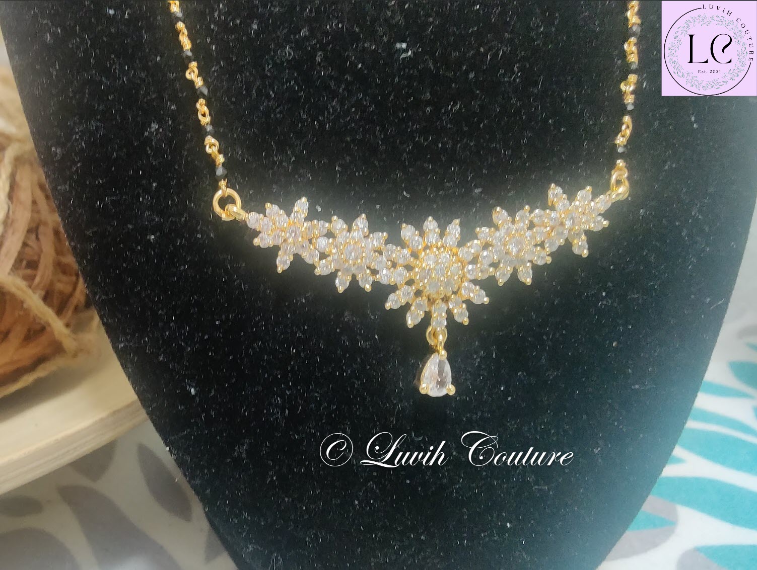 Floral Cz Pendant Mangalsutra or Black Beads for Women