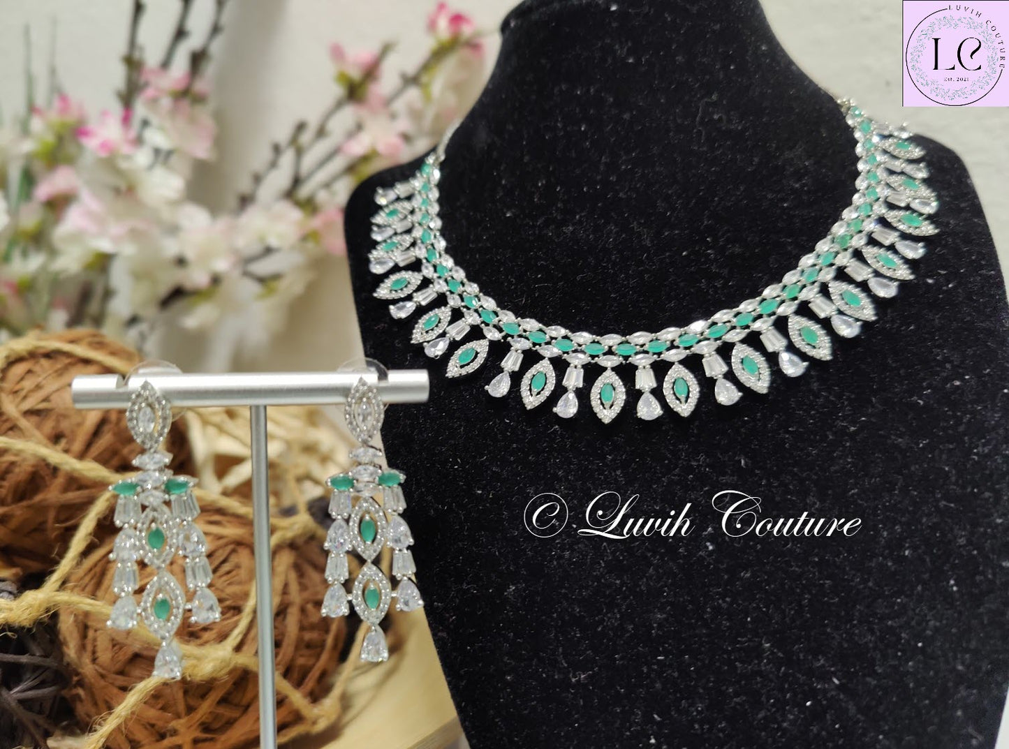 Grand And Elegant Cz or Ad or Cubic Zirconia  Green Necklace with Earrings for kids and women