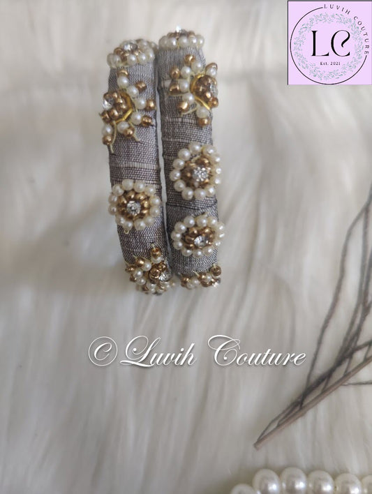 Gray Floral Pearl Raw silk Bangles or Maggam work bangles for kids, Girls