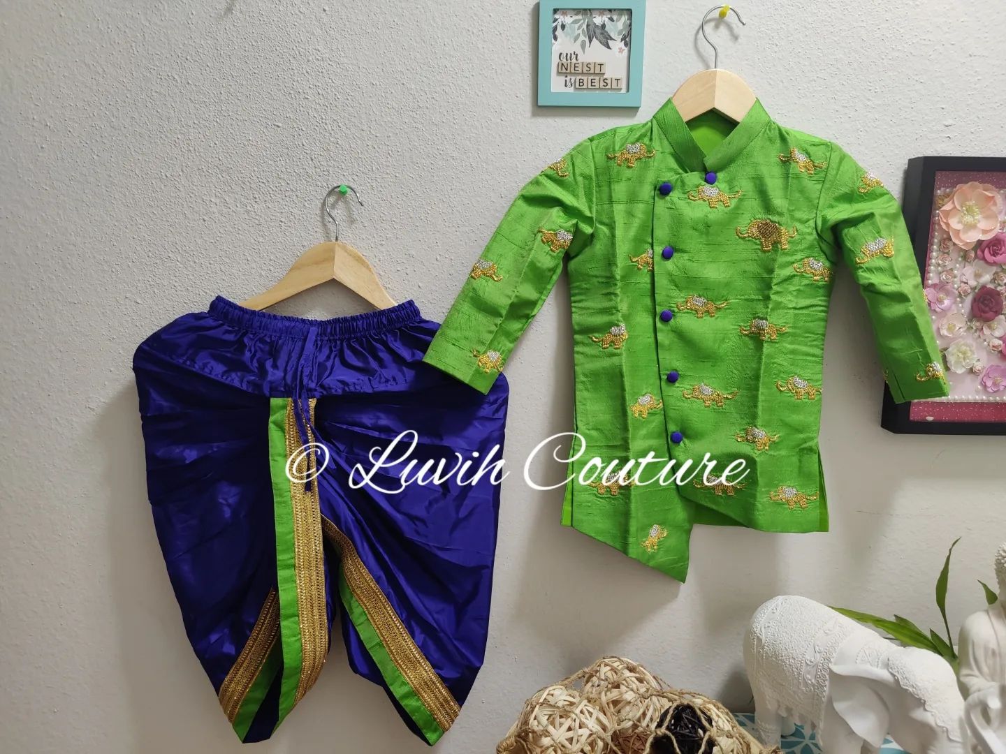 Maggam Work or Raw Silk Kurtha and dhothi Set for Boys