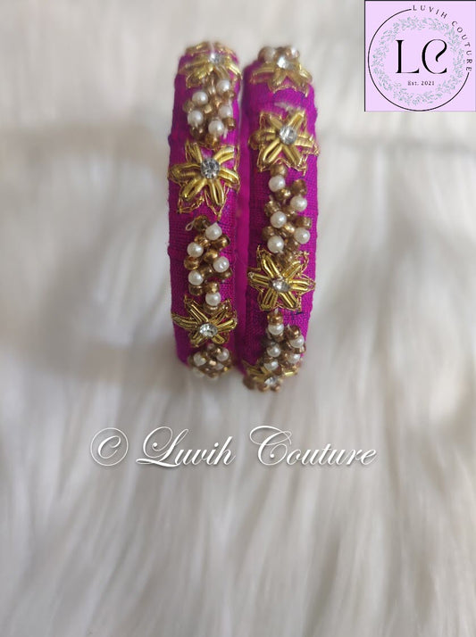 Magenta Maggam Bangles Or Raw Silk Bangles 2.2 for Girls, Teens