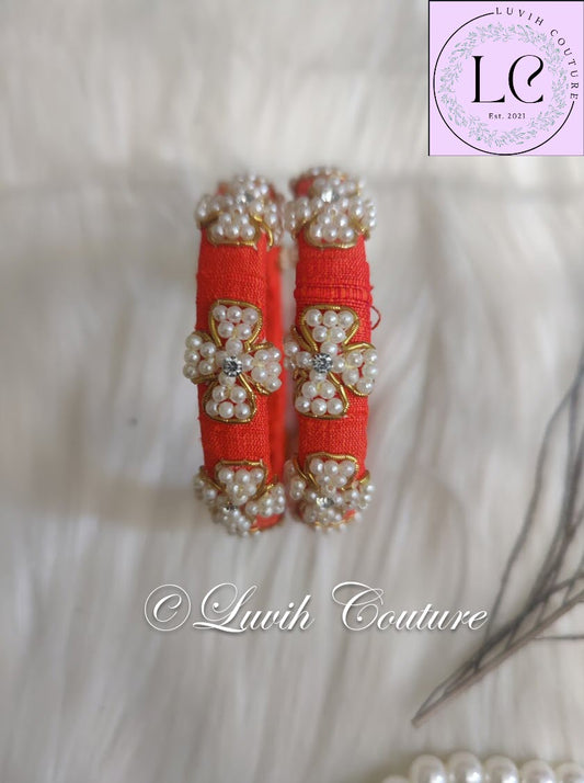 Orange Raw Silk Bangles or Maggam work bangles for girls, kids 2.2