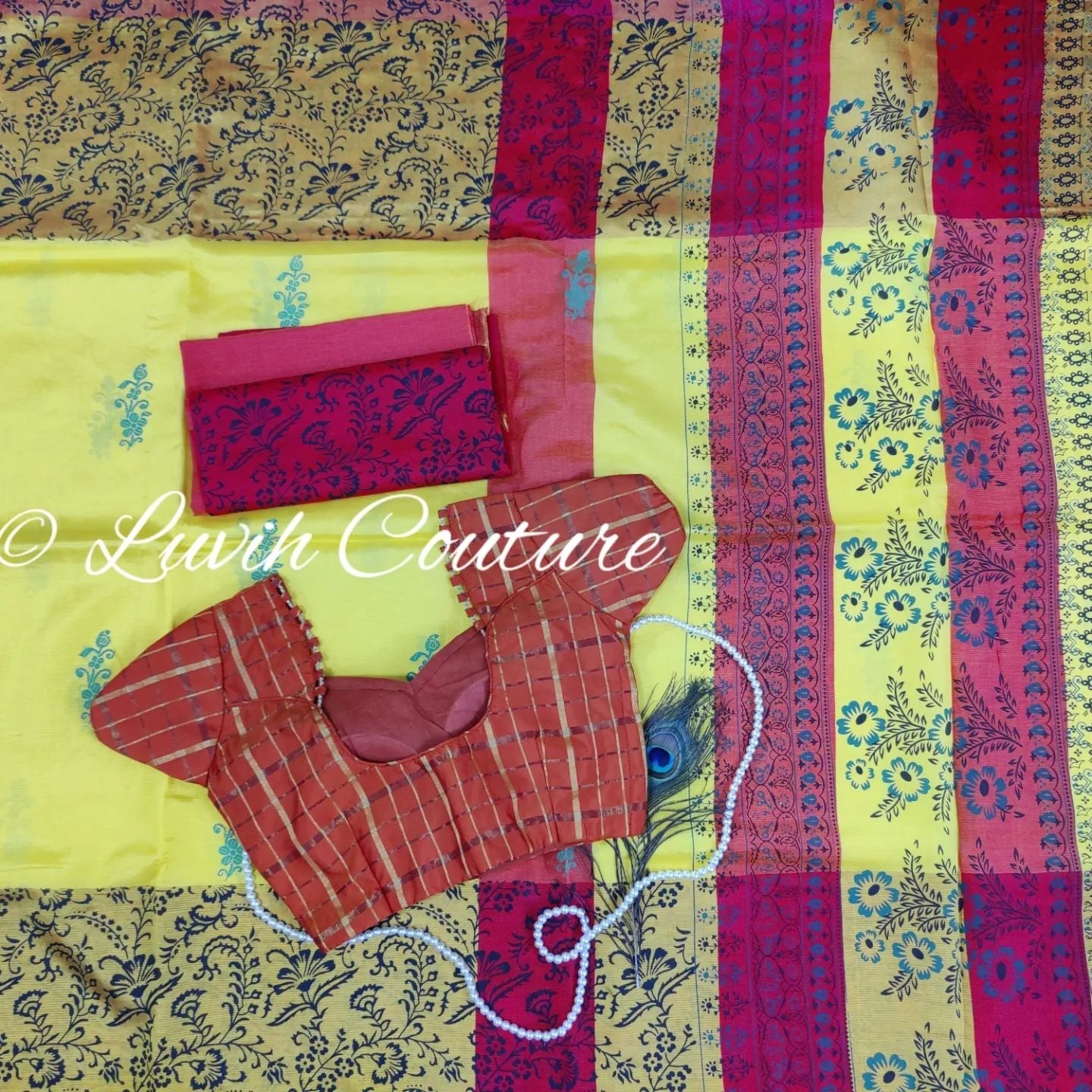 Mangalagiri Saree with blouse for women in Yellow and Orange