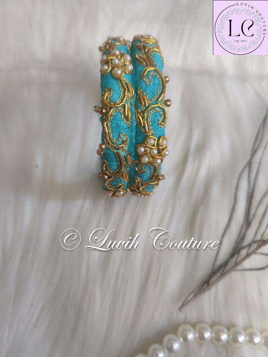 Turquoise Blue Maggam bangles or raw silk bangles for girls, teens