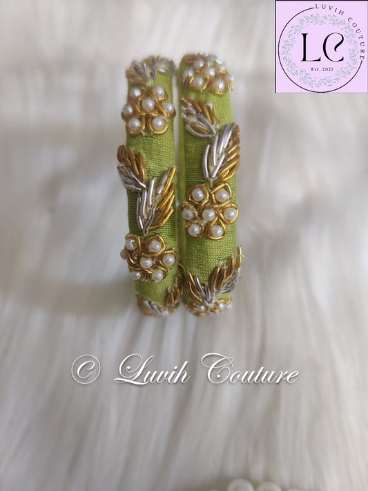 Turtle green Maggam Work Bangles or Raw Silk Bangles 2.2 Size for Girls, Teens