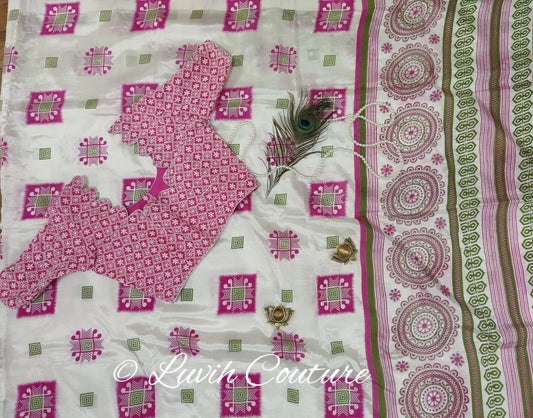 White and Pink Blouse with Mangalagiri Saree