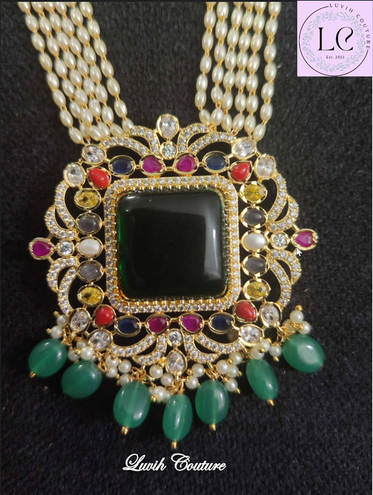 Navaratan Locket Rice Pearls long mala/Necklace, Luvih Couture