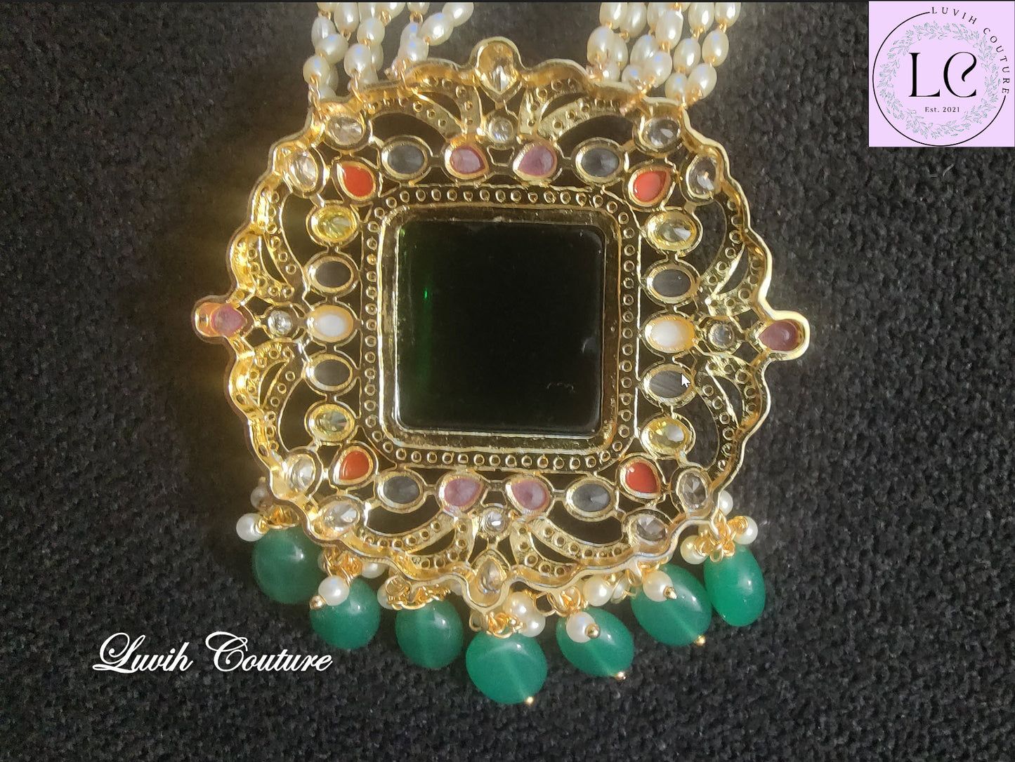Navaratan Locket back side rice pearls mala / necklace, Luvih Couture