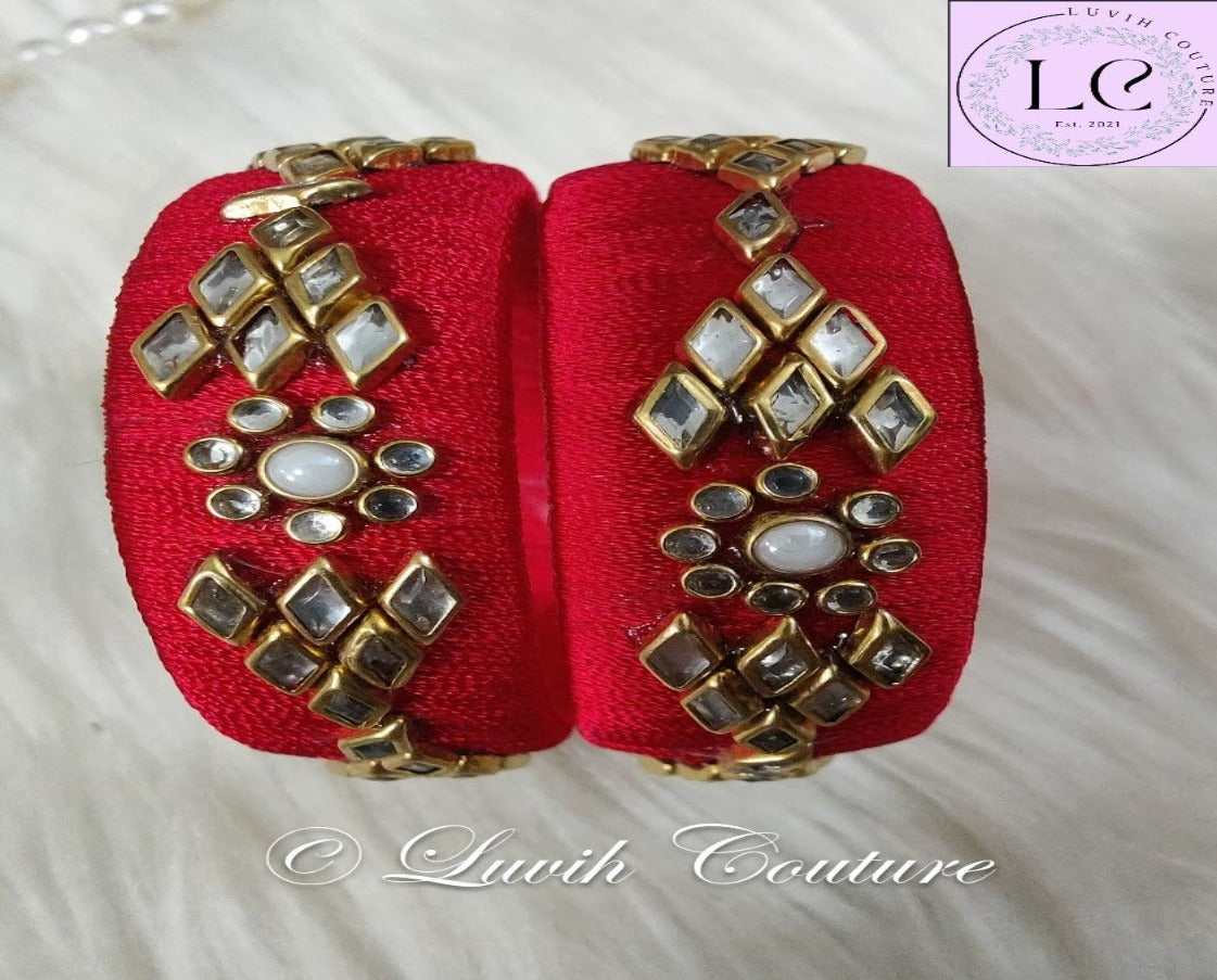 Handmade Silk thread Bangles with Flower and Rhombus Design
