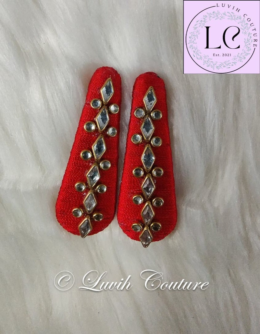 Apple Red Silk thread Hair Clips Rhombus and dot shape for kids, toddlers, girls, Luvih Couture