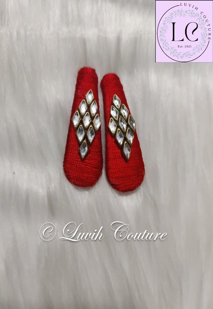Apple Red  Rhombus Silk Thread Hair Clips  for kids, Girls, Teens, Women, Luvih Couture