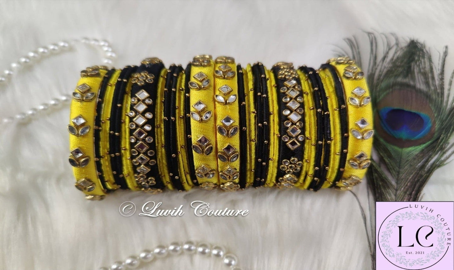 Silk thread bangles black and yellow combination bangles, Luvih Couture