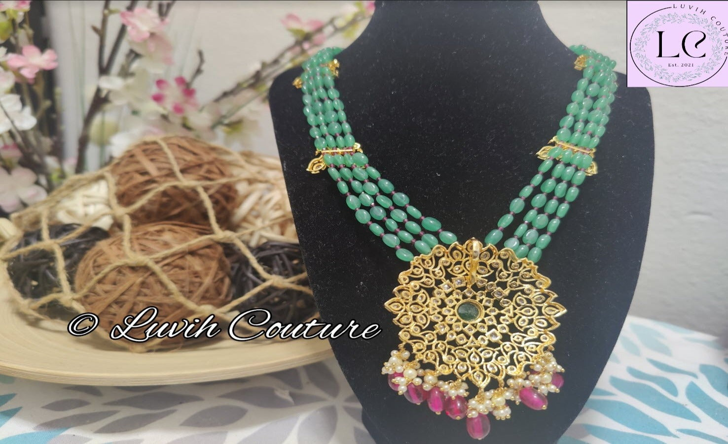 Green beads necklace back side Luvih Couture