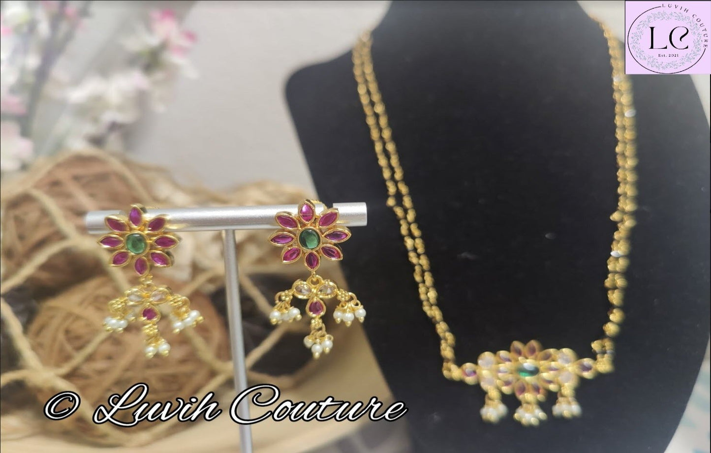 CZ Ruby  Black bead /mangalasutra necklace set, Luvih Couture