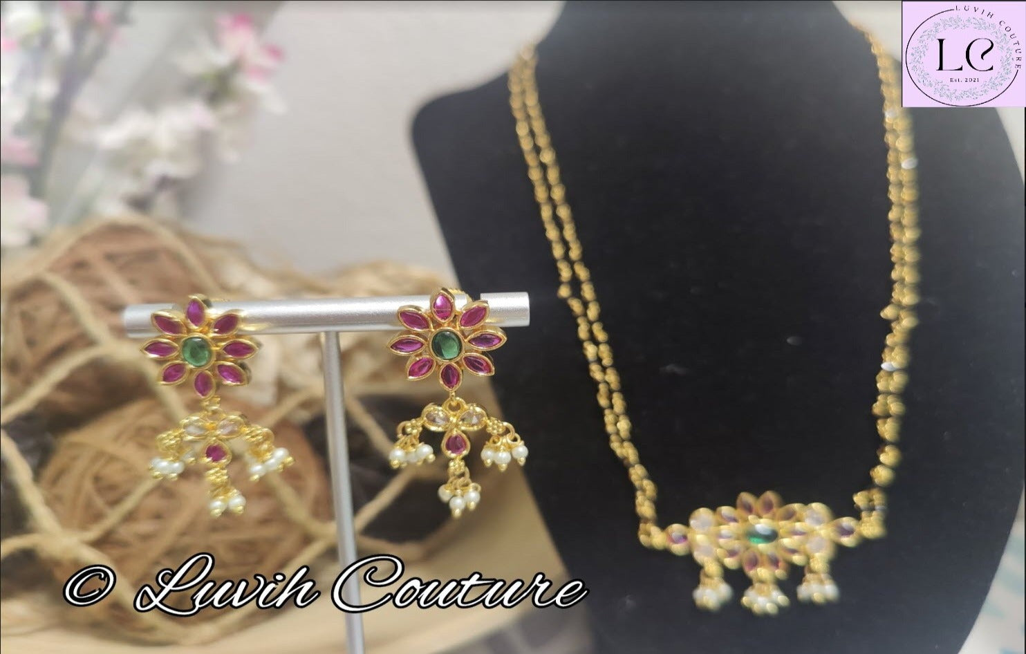 CZ Ruby  Black bead /mangalasutra necklace set, Luvih Couture