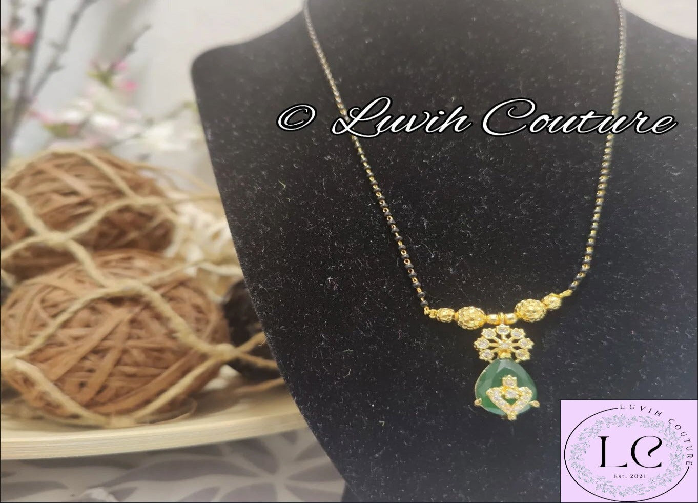 Black beads with Cz , Green stones Oval shape , Luvih Couture