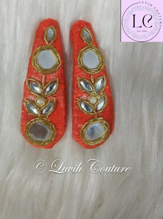 Bright Orange Mirror and Leaf Maggam Hair Clips or Raw silk hair Clips for babies, toddlers, girls, teens and women, Luvih Couture