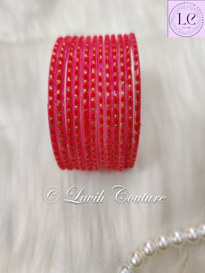 Bright Pink Glass Bangles Velvet 