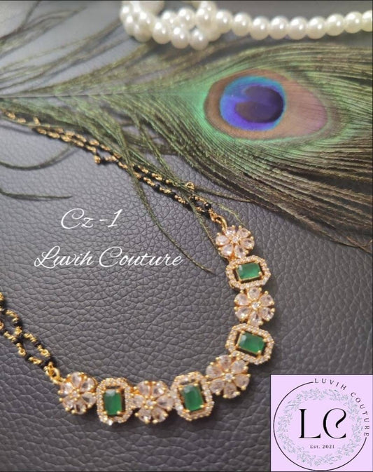 Cz Green Flexible Locket Mangala sutra or black beads, Luvih Couture