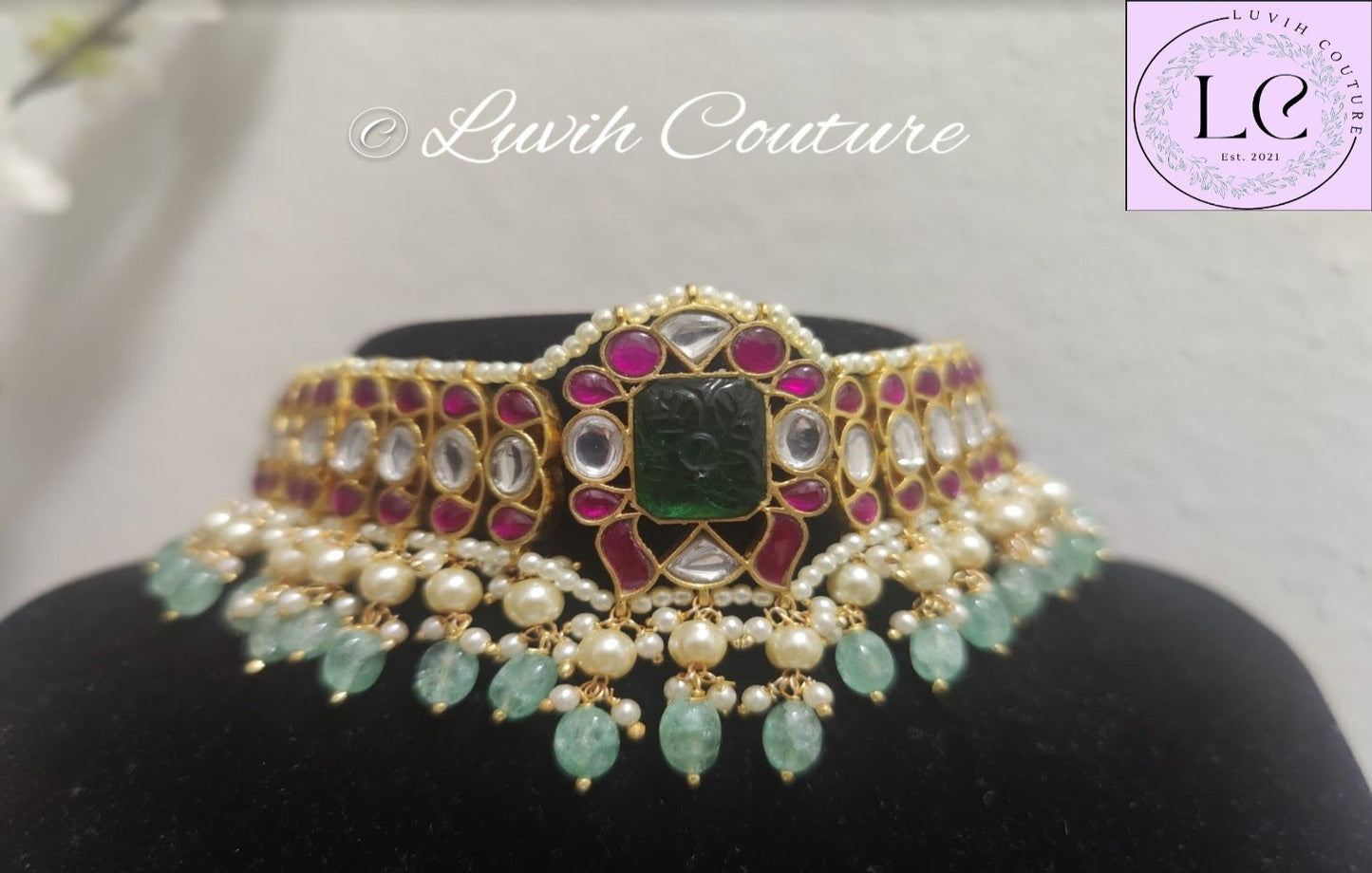 Carved Stone Jadau Kundan Necklace , Imitation Jewelry, Imitation Necklace, Women's Necklace, Jadau Kundan Necklaces, Luvih Couture