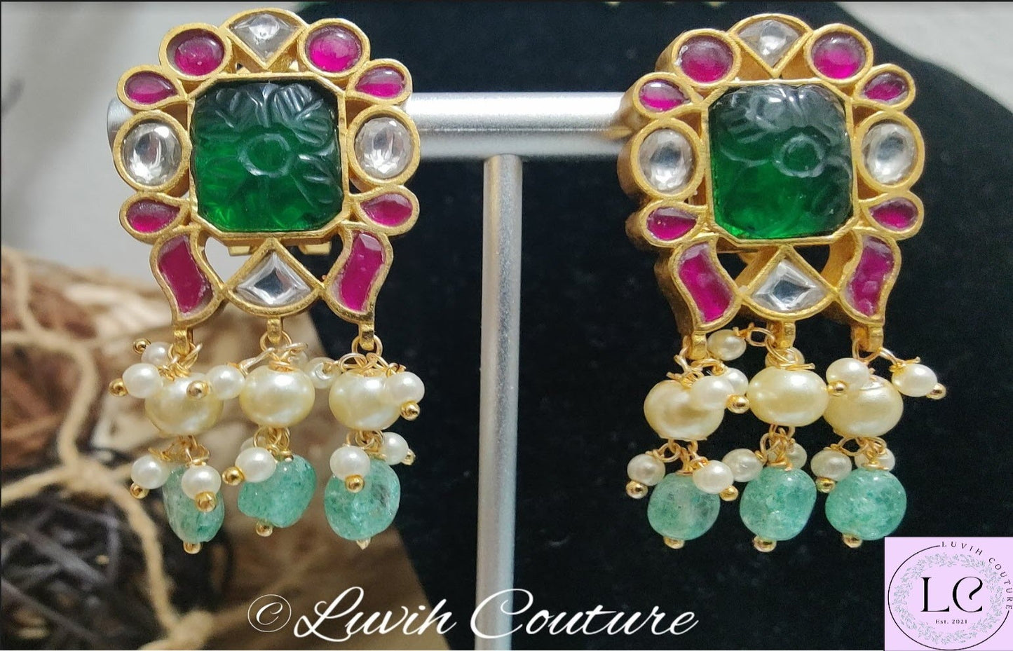 Carved Stones Jadau Kundan Earrings, Women's Earrings, Earrings, Jadau Earrings, Imitation Earrings, Luvih Couture