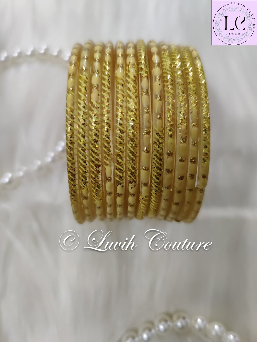 Cream Oval Dot And Criss Cross sparkle Glass Bangles for Girls, Teens, Women