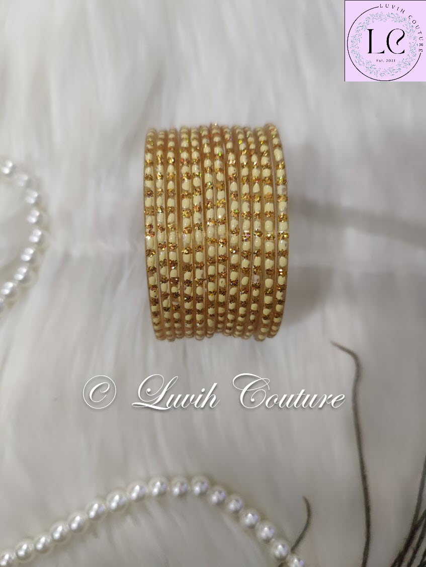 Cream Oval Dot & Sparkle Glass Bangles for Girls , Teens, Women
