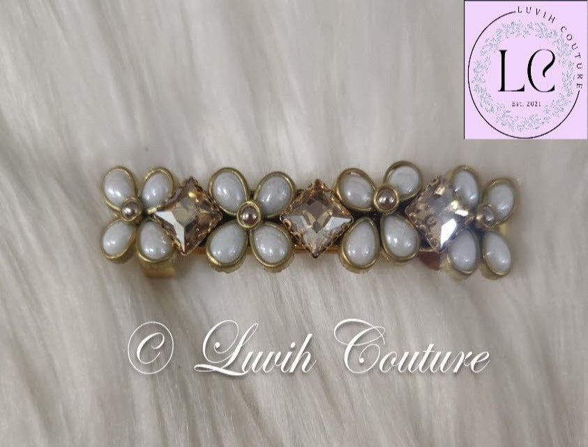 Crystal Hair Clip Beige Flower Pearls Luvih Couture
