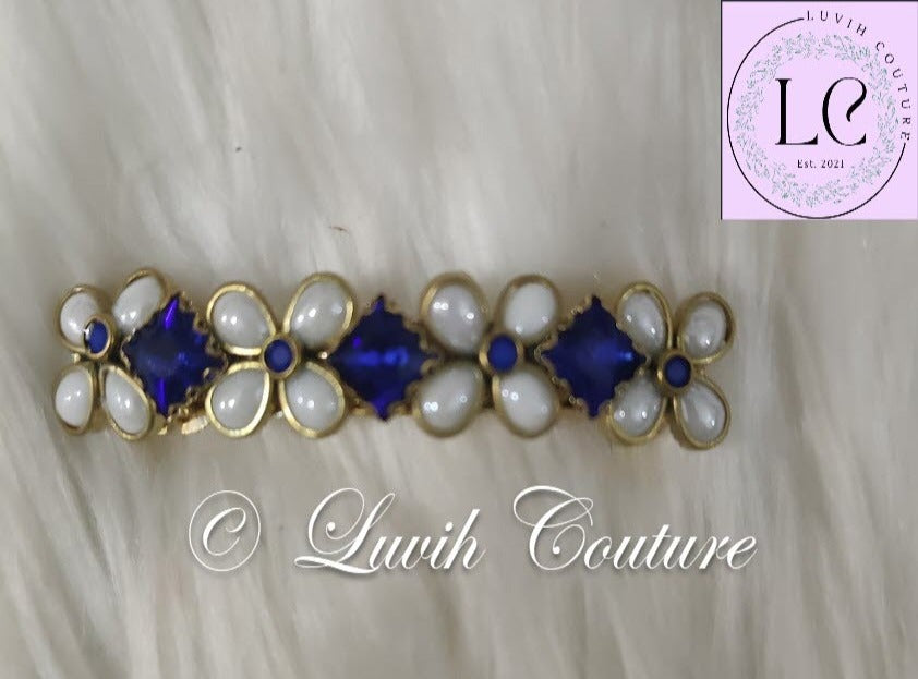 Crystal Hair Clip Dark Blue Flower Pearls Luvih Couture