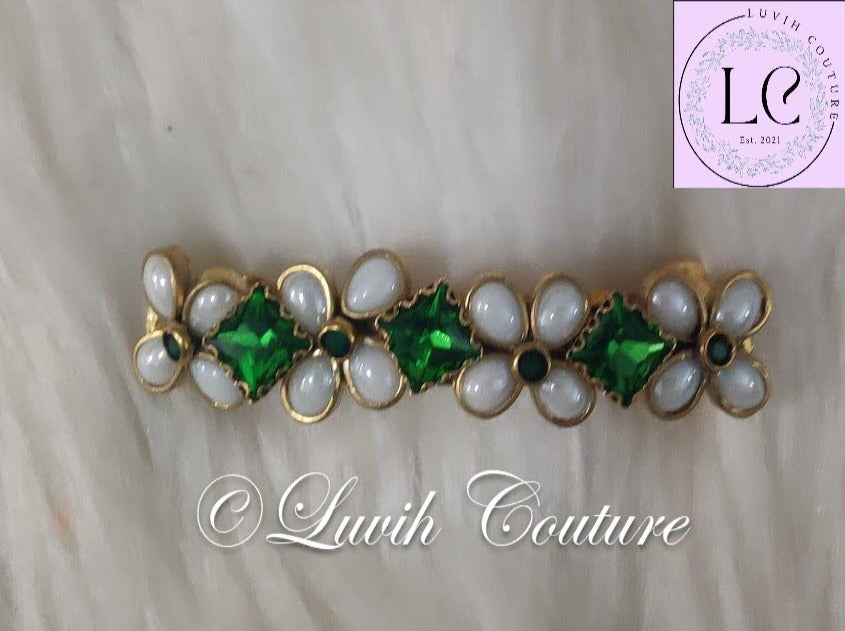 Crystal Hair Clip Dark Green Flower Pearls Luvih Couture