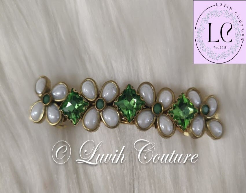 Crystal Hair Clip Parrot Green Flower Pearls Luvih Couture