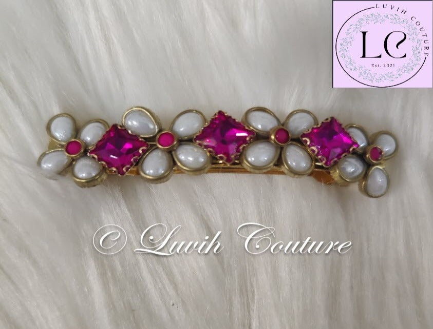 Crystal Hair Clips Pink Flower Pearls Luvih Couture