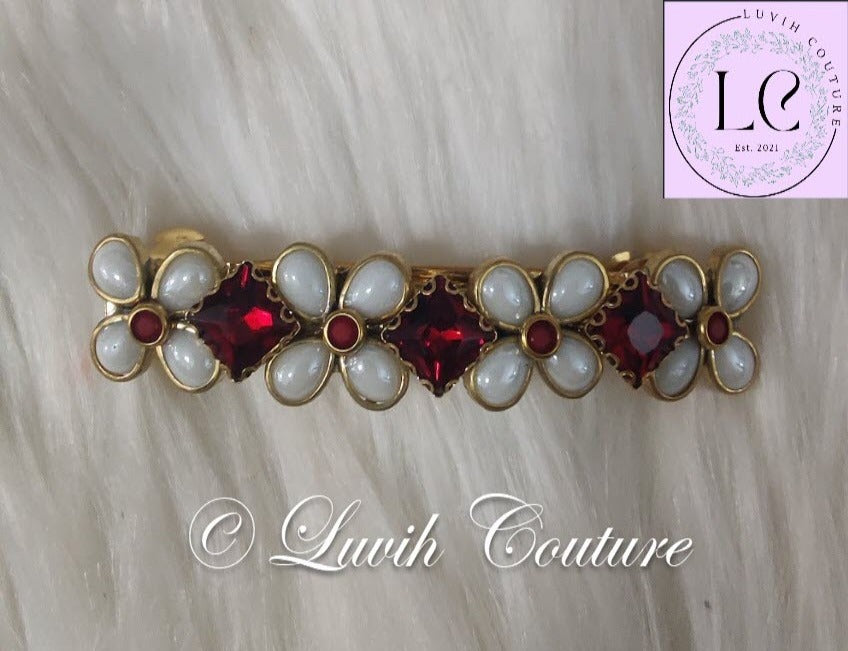 Crystal Hair Clip Red Flower Pearls Luvih Couture
