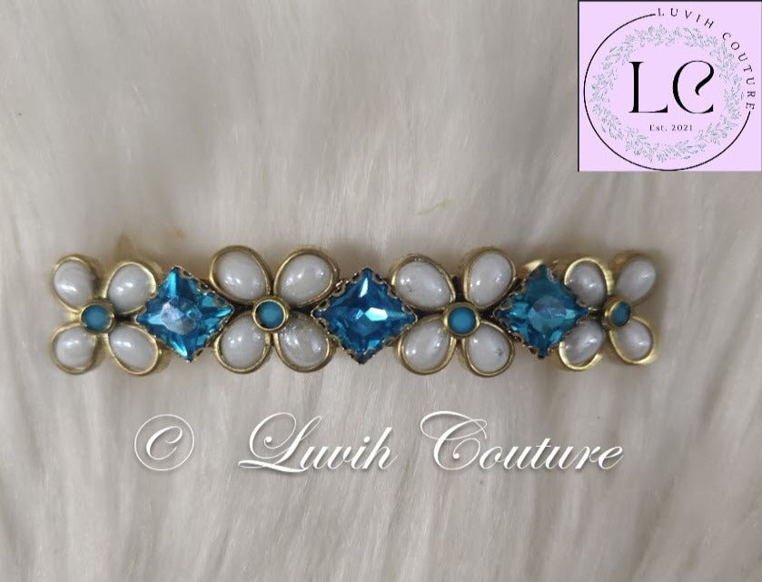Crystal Hair Clips Sky Blue Flower Pearls Luvih Couture