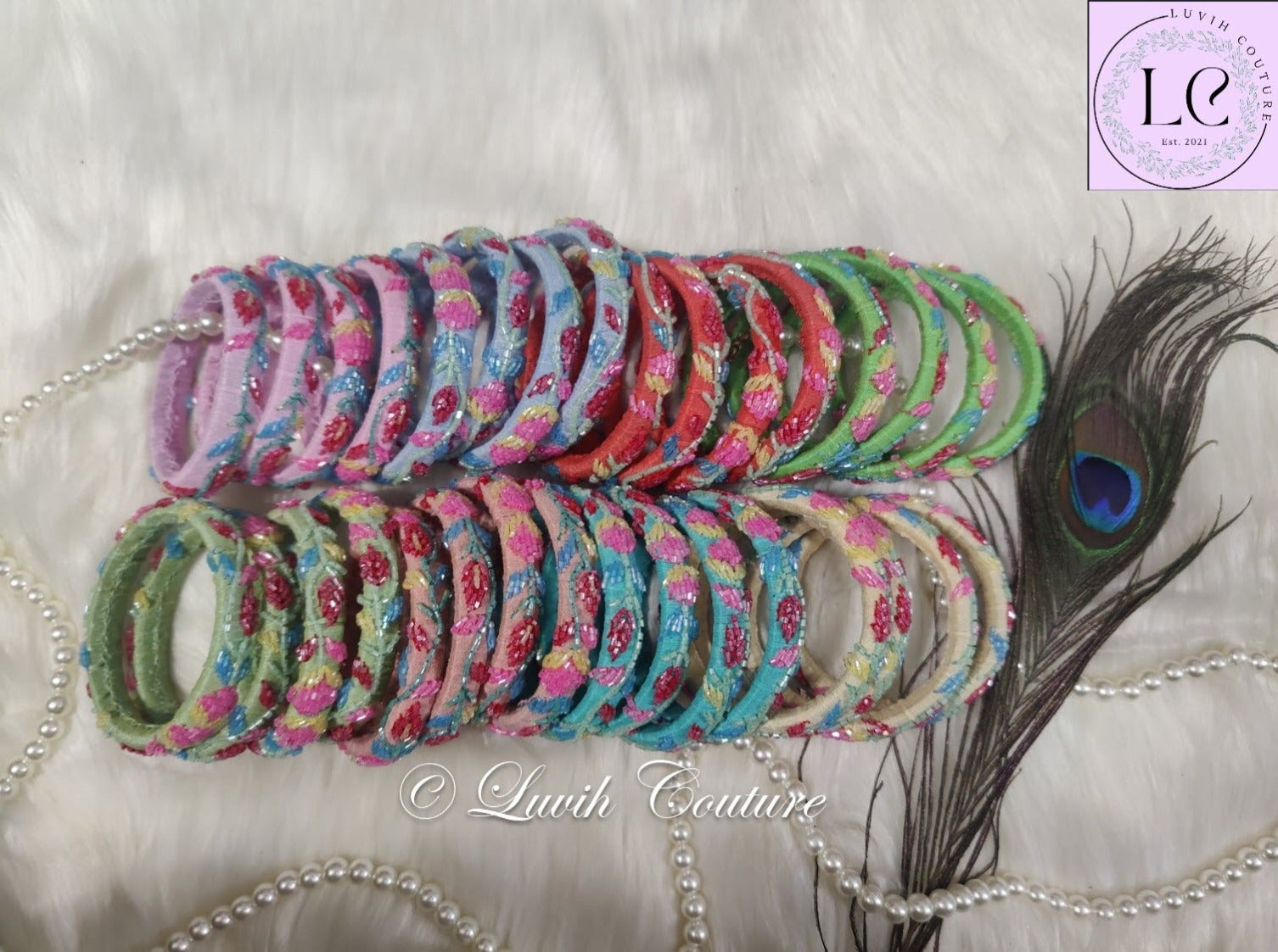 Floral Maggam Bangles/ Raw silk Bangles for women 2.6 side view-Luvih Couture
