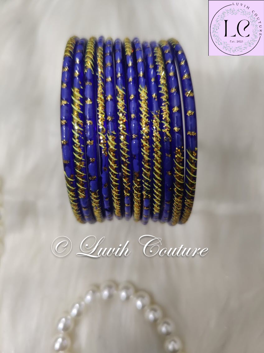 Dark Blue Oval Dot And Criss Cross sparkle Glass Bangles for Girls, Teens, Women