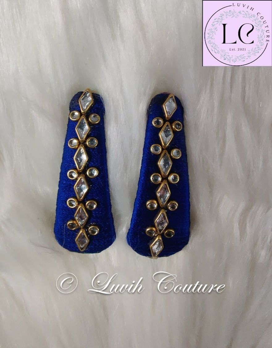 Dark Blue Silk thread Hair Clips Rhombus and dot shape for kids, toddlers, girls, Luvih Couture
