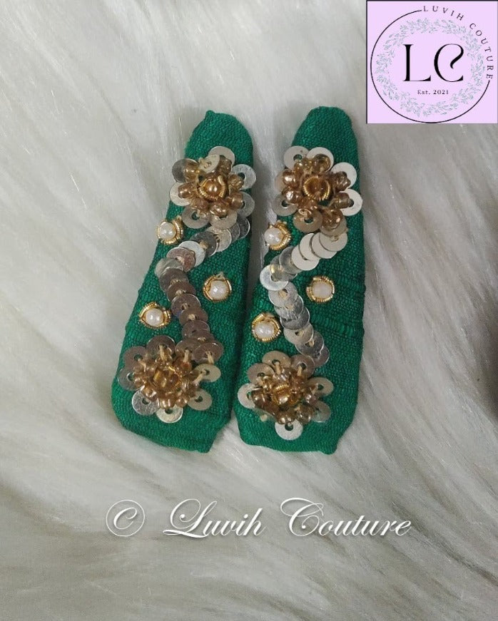 Dark Green Criss Cross Maggam Hair Clips or Raw Silk Hair Clips for babies, toddlers, girls, teens, women Luvih Couture